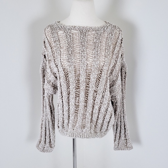 H&M cotton open knit crew neck long sleeve crop cropped beige crochet - Picture 3 of 9